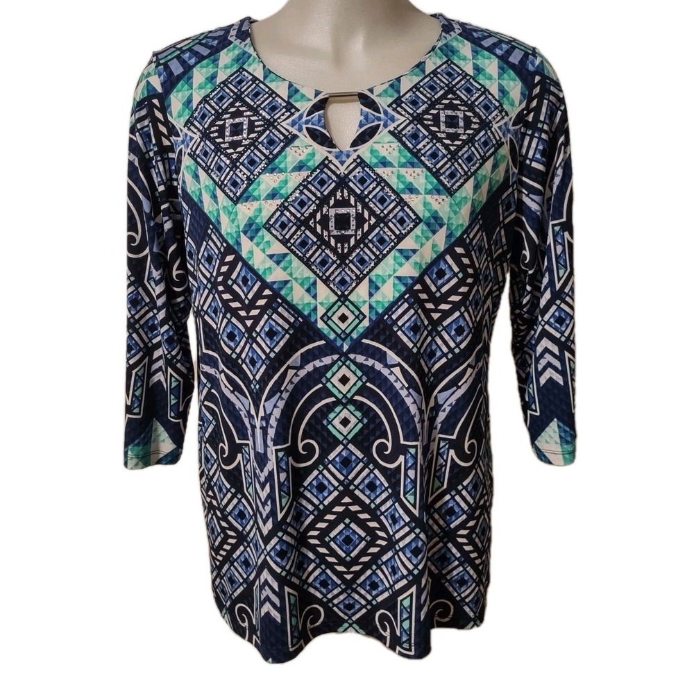 JM Collection Top 1X Womens Boho Geometric Blue Keyhole 3/4 Sleeve Tunic Plus Sz